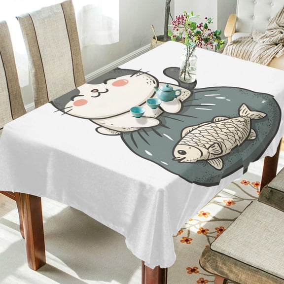 Yayeee Tablecloths 54" x 54" Rectangle Wrinkle Resistant Party Table Cover, Beige Cute Cat