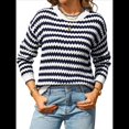 thumbnail image 1 of Suéter Holgado de Punto A Rayas para Mujer, Informal, de Larga, Cuello Redondo, con Bloques de Color y Canalé, para y Otoño Azul Marino XL, 1 of 9