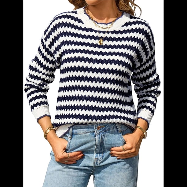 Suéter Holgado de Punto A Rayas para Mujer, Informal, de Larga, Cuello Redondo, con Bloques de Color y Canalé, para y Otoño Azul Marino M