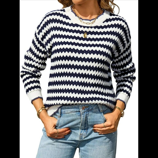 Suéter Holgado de Punto A Rayas para Mujer, Informal, de Larga, Cuello Redondo, con Bloques de Color y Canalé, para y Otoño Azul Marino XL