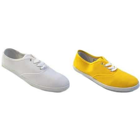 Image of 2 Pair Shoes 18 Womens Canvas Shoes Lace up Sneakers White/Yellow 9