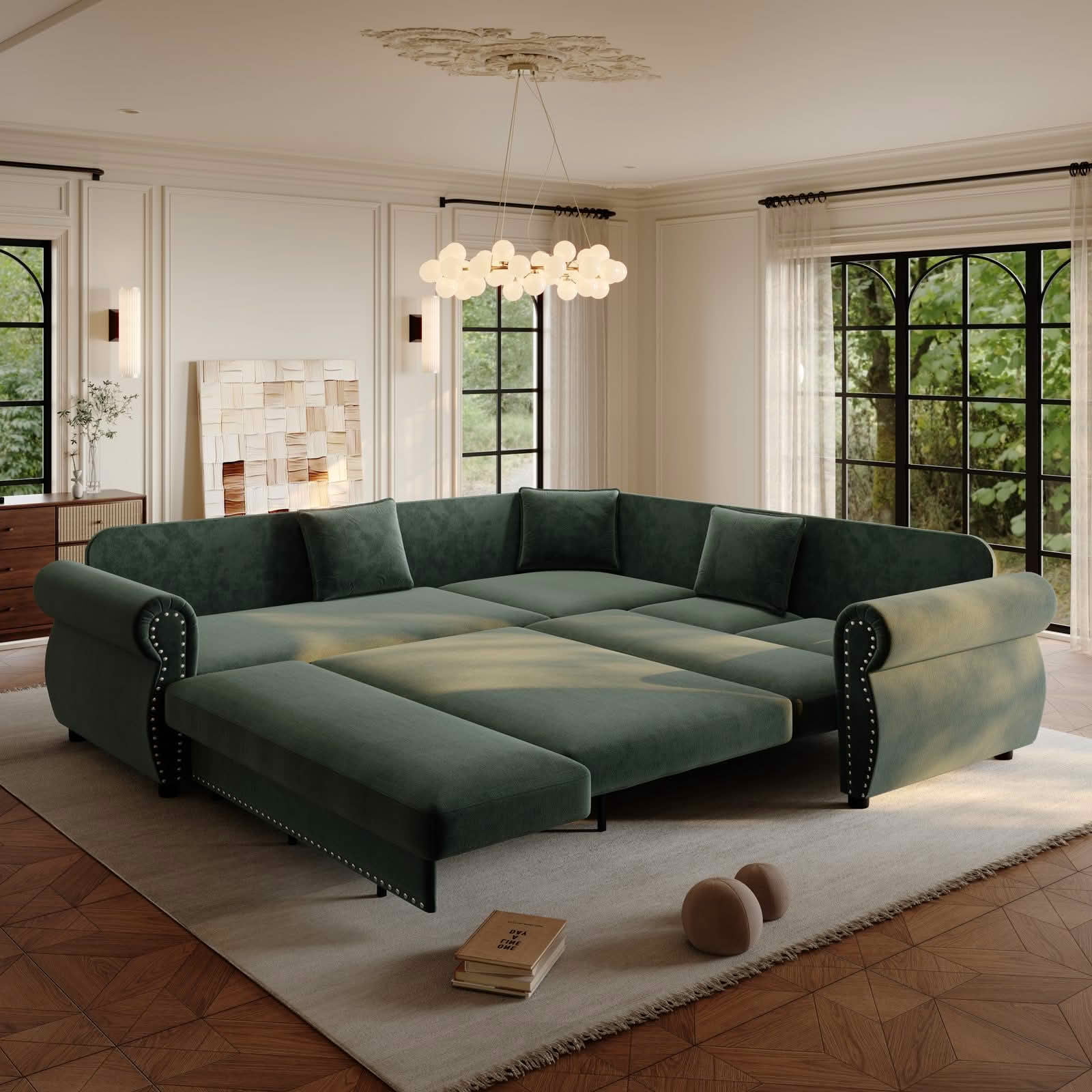 MAYEERTY 88.2" L‑Shaped Convertible Pull‑Out Sofa Bed, Chenille Sectional Couch with Nailhead Trim & Rolled Arms, Multifunctional Sleeper Sofa