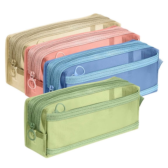 Nkmbld Clear Mesh Pencil Case with Handle and Zipper, Double-Layer Pencil Pouch, Travel Makeup Bag, Cute Transparent Pen Bag for Adult Office, Beige
