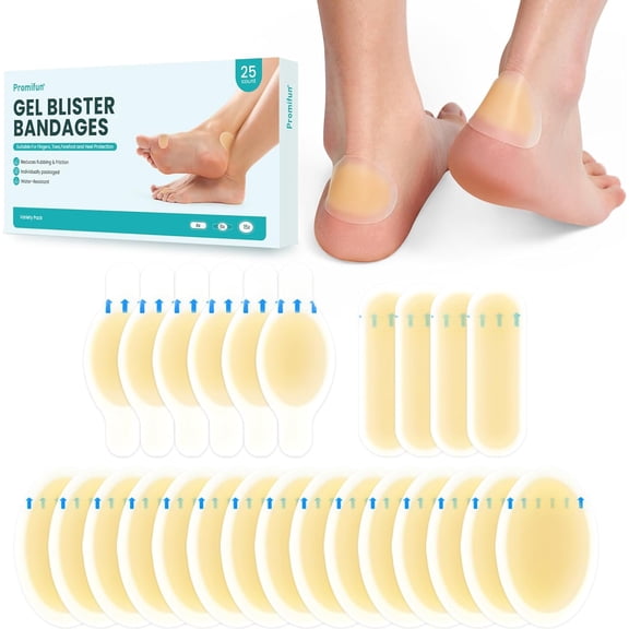 Promifun Hydrocolloid Gel Blister Bandages Water Resistant Gel Blister Cushions Pads Prevention Recovery Feet,25 Count,Variety Pack