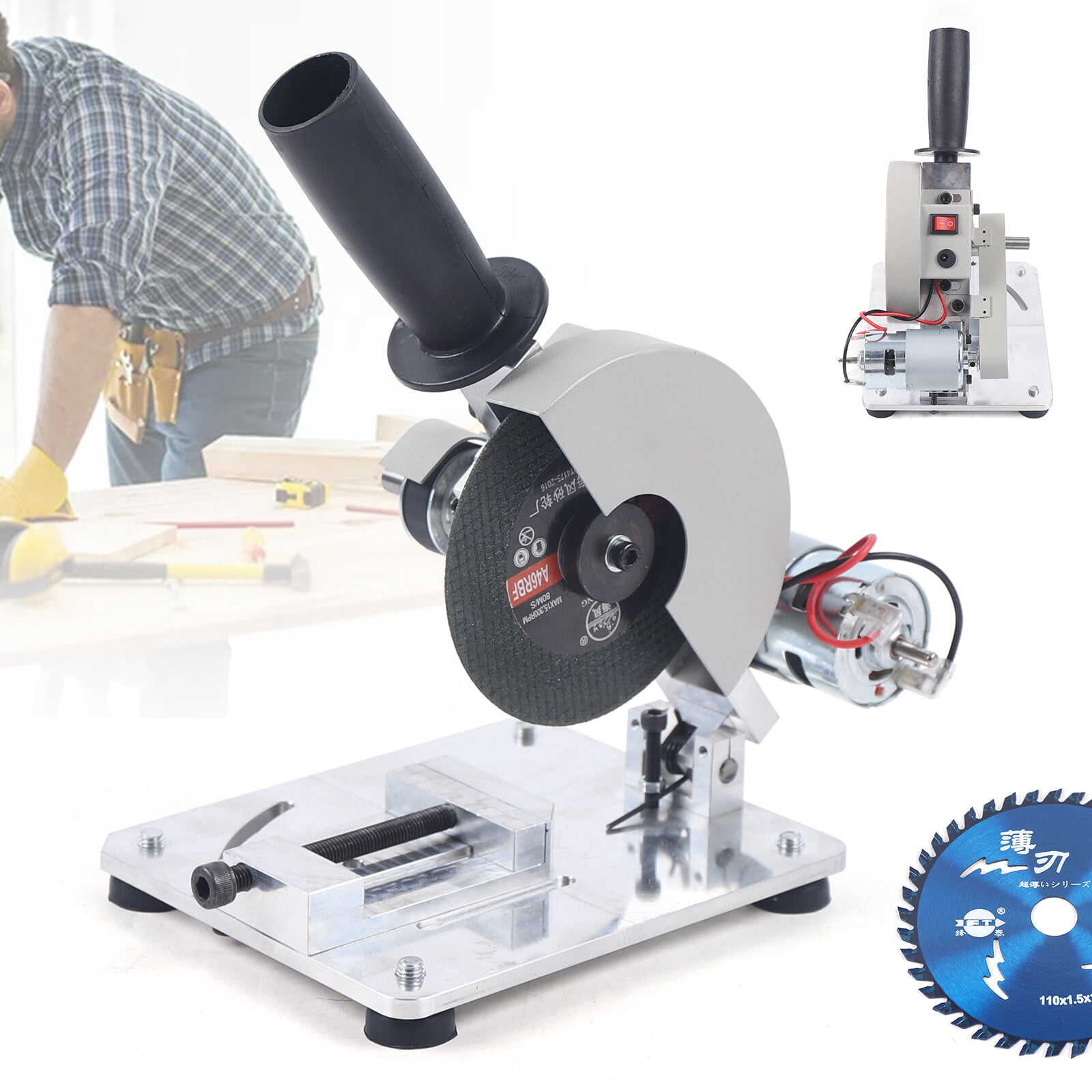 Mini Miter Saw 4 inch Electric Cut-Off Chop Saw with 2 Circular Blade Adjustable 0-45° Bevel Sliding Compound Miter Multi-Material Cuts for Metal Wood Plastic Compound Cutting