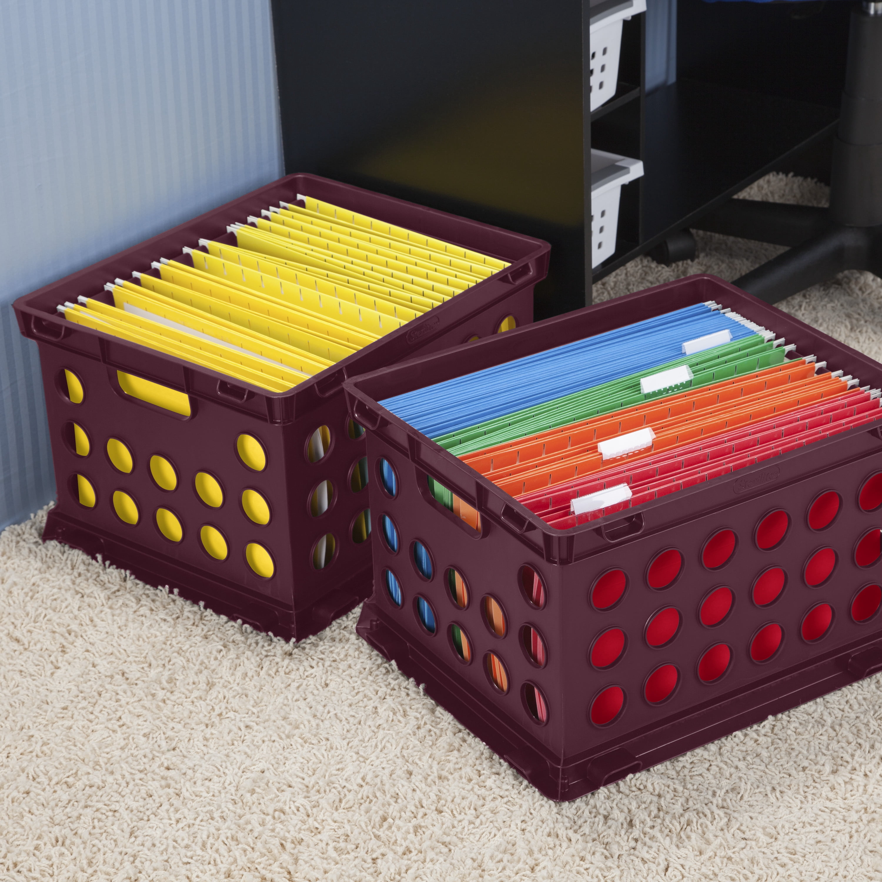 Sterilite Plastic Storage Cube / File Crate, 17 1/4” L x 14 1/4” W x 10 5/8” H, Metropolis Burgundy, Set of 12, Back to College