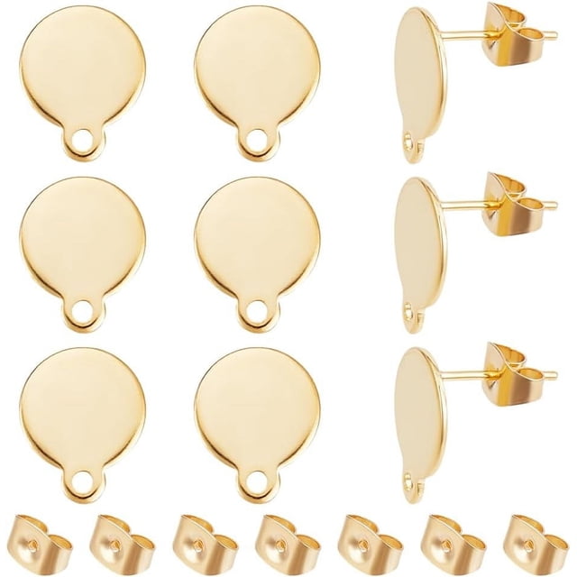 10 piezas de aretes planos y redondos chapados en oro de 24 quilates, de acero inoxidable 304, sin aros.