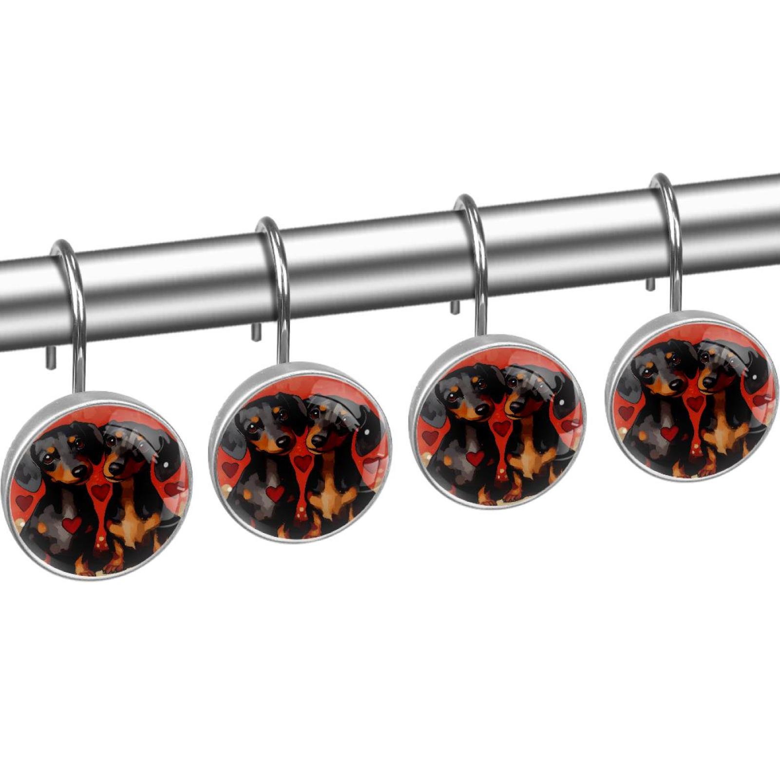 Black Dog on Red Heart Shower Curtain Hooks Round Crystal Glass, Set of 12 Shower Curtain Rings - Shower Hooks for Curtain Shower Rings