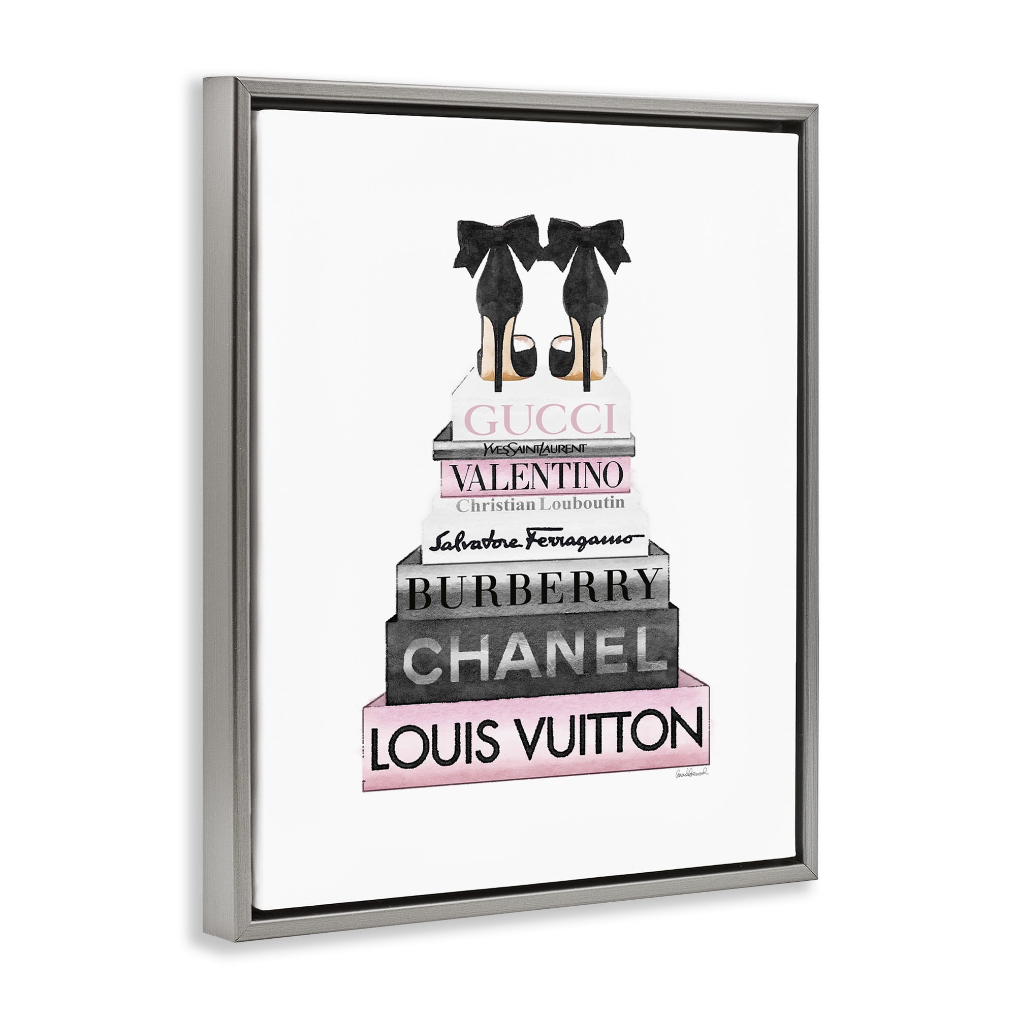 Stupell Industries Black Heels Pink Bookstack Beauty & Fashion Painting Gray Floater Framed Canvas Art Print Wall Art, 25 x 31