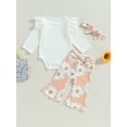 thumbnail image 2 of Bagilaanoe 3pcs Newborn Baby Girl Long Pants Set Ribbed Ruffled Long Sleeve Rompers Tops + Floral Flare Trousers + Headband 3M 6M 12M 18M Infant Casual Outfits, 2 of 8