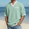 thumbnail image 2 of Rggeeun Men'S T-Shirt Solid Color Thin Stripes Short Sleeve V-Neck Cotton Linen Knit With Side Zipper & Patch Pocket For Daily Office Fashion Tee,Green,M, 2 of 4