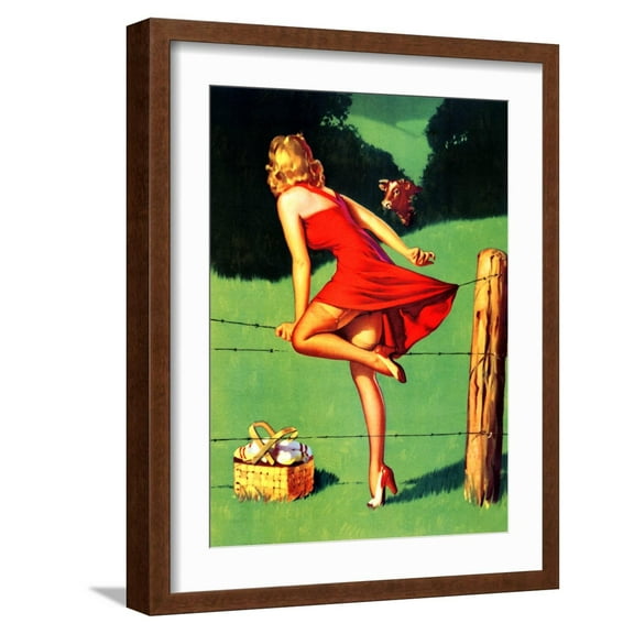 Art.com On De-Fence Pin-Up 1940S Art Print by Gil Elvgren, Brown Frame Wall Art, 17" x 21"