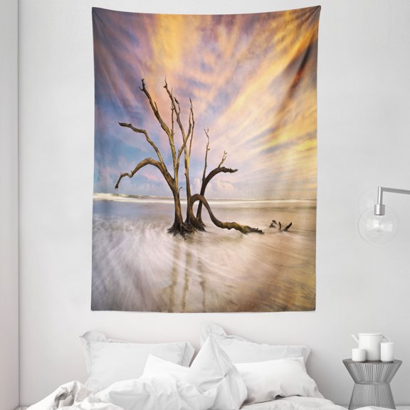 Driftwood Decor Tapestry, Seascape Theme Dead Tree Driftwood in the Ocean at Sunset Landscape, Wall Hanging for Bedroom Living Room Dorm Decor, 60W X 80L Inches, Beige and Orange, by Ambesonne