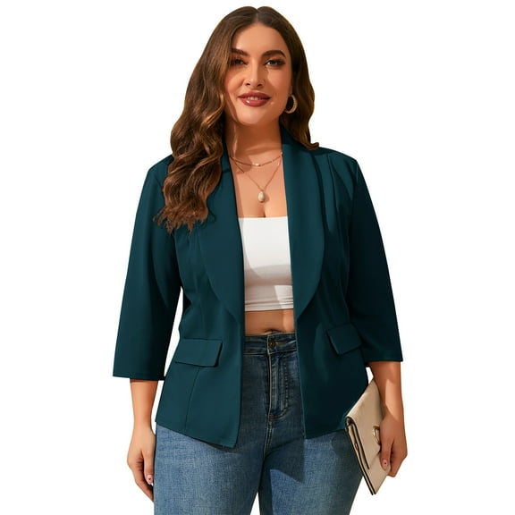 Yesfashion Womens Plus Size Casual Pocketed Blazer Office Open Front 3/4 Sleeve Cardigans Jacket Work Suit