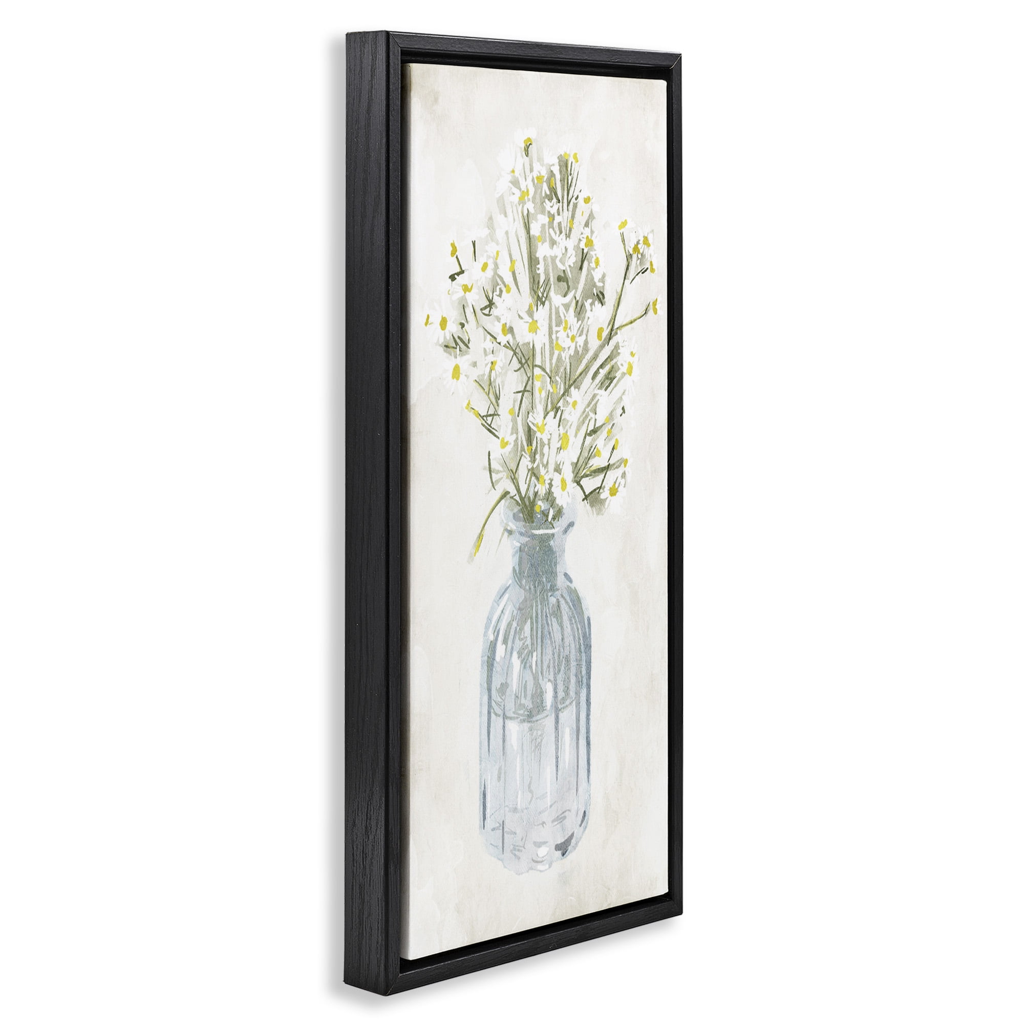 Stupell Industries Quaint White Daisies in Jar Botanical & Floral Painting Black Floater Framed Canvas Art Print Wall Art, 11 x 25
