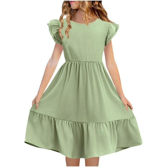 Fesfesfes Girls'Summer Solid Color Short Sleeve Crew Neck Elastic Waistband Dress with Pockets Casual Comfortable Cotton Blend Dress for Kids(Green,9 Years)