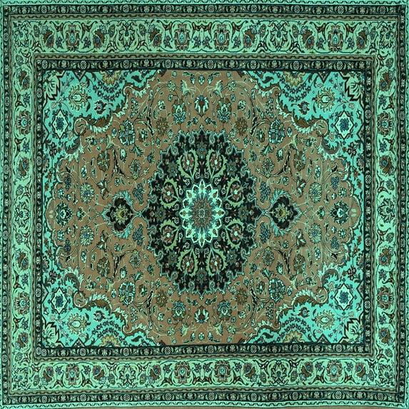 Ahgly Company Machine Washable Indoor Square Medallion Turquoise Blue Traditional Area Rugs, 6' Square