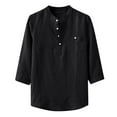 thumbnail image 2 of cllios Mens Cotton Linen Shirts Three Quarter Sleeve Henley Shirt 1/4 Button Up Plain Beach T-Shirt Summer Vacation Hippie T Shirts Clearance Black L, 2 of 9