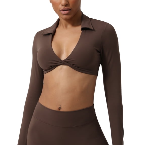 Iugvhana Women's Long Sleeve Twist Front Crop Tops Collared V-Neck Solid Yoga Bra Tops Soft Stretchy Gym Workout Fitness Sports Bra Brown XL