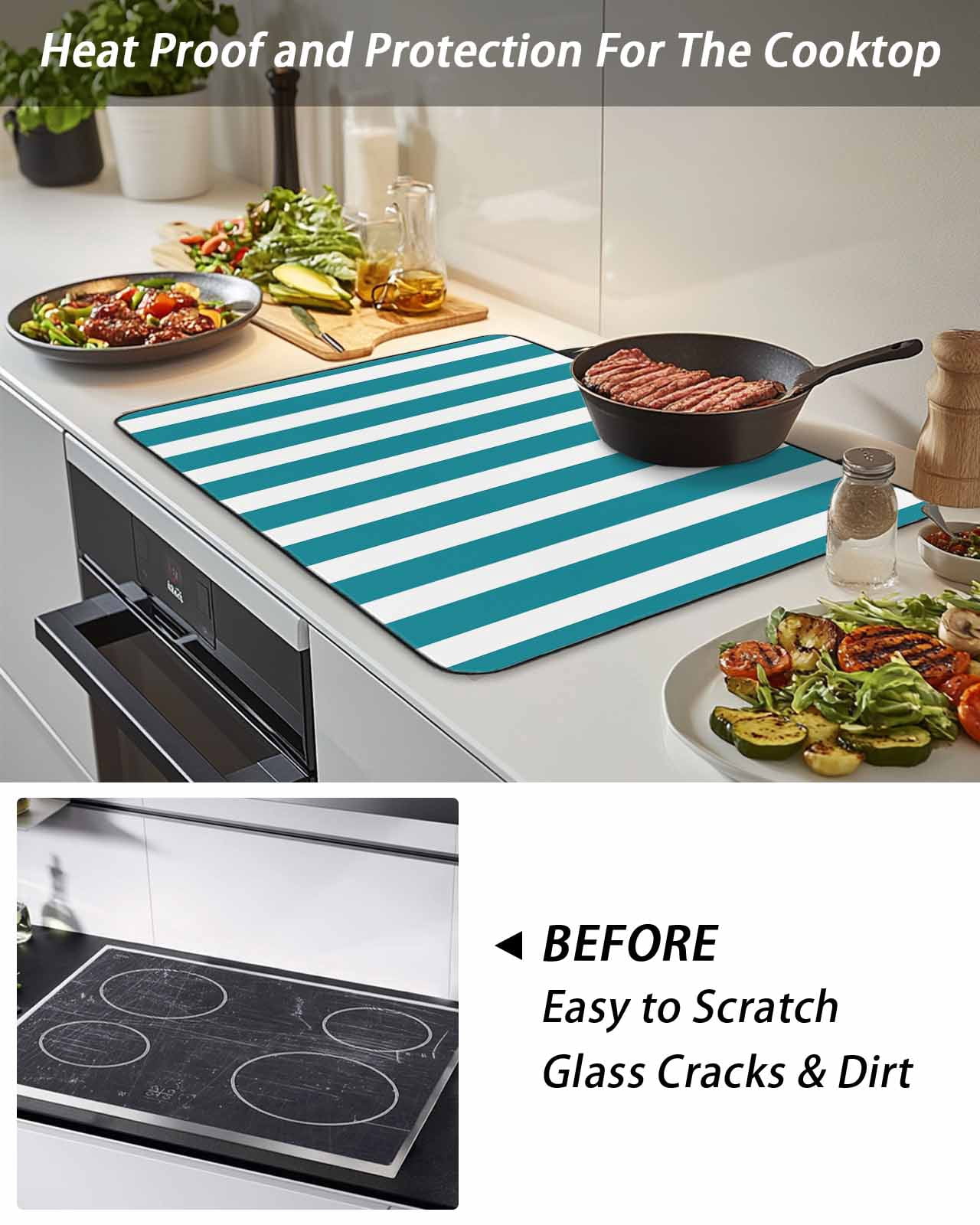 Stove Top Covers for Electric Stove, Teal Striped Glass Stovetop Cover Protector, Simple Art Vertical Stripe Farmhouse Induction Cooktop Protector Oven Mat for Kitchen Countertop 24"x21"
