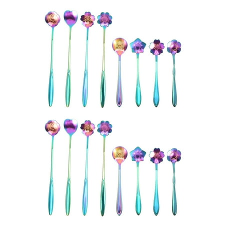 

16Pcs Flower Spoon Set 2 Different Size Colorful Stainless Steel Teaspoons Rainbow Coffee Stirring Spoon