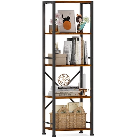 Furologee 5 Tier Tall Bookcase, Display Standing Shelf Units,Rustic Brown