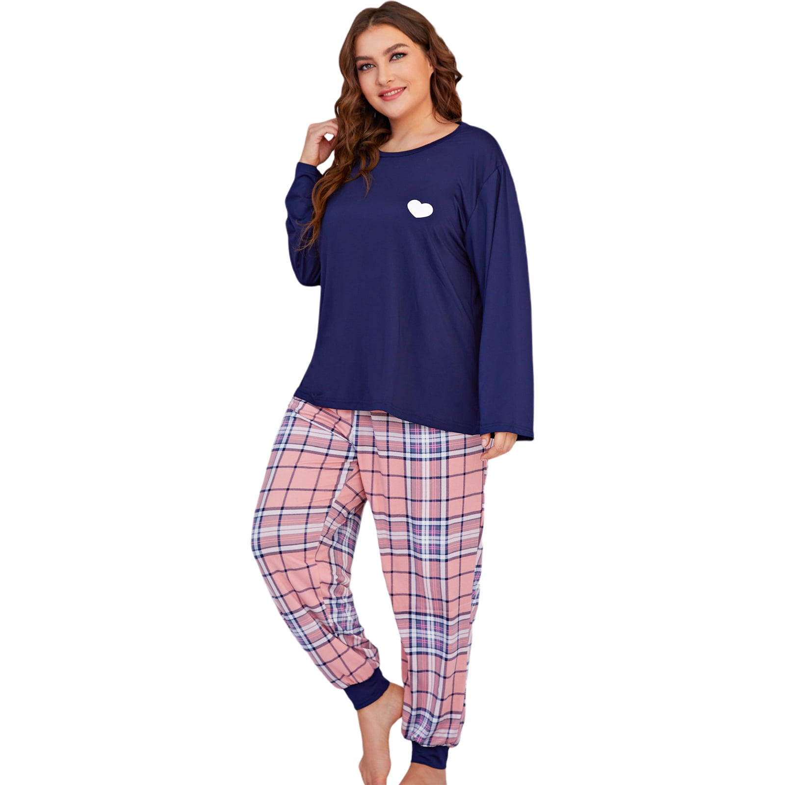 Womens Plus Size Pajamas Set Long Sleeve Pullover + Plaid Print