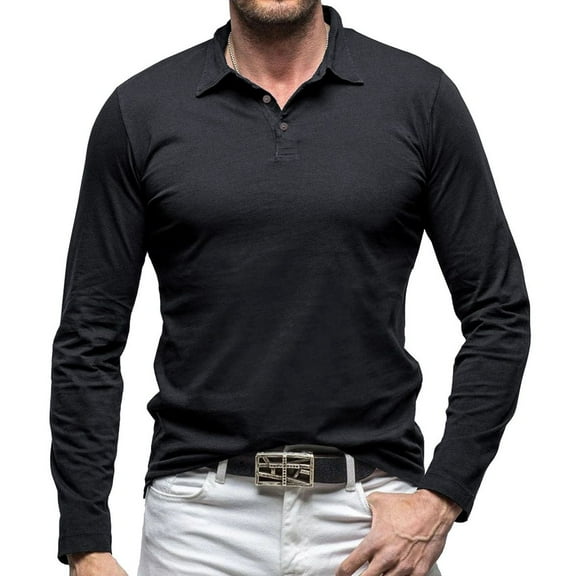 SWSMCLT Men's Long Sleeve Polo Shirt Business Casual Button Shirt Work Cotton Casual Top Fashion Winter Golf Black Medium