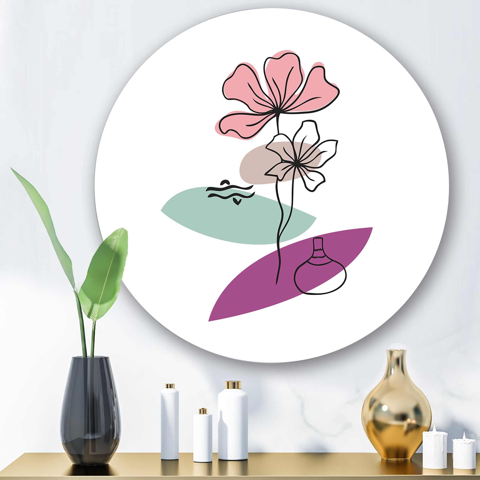 Designart 'Abstract Flowers Plants With Elementary Shapes IV' Modern Circle Metal Wall Art 11x11 - Disc of 11