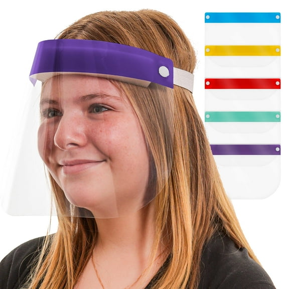 Salon World Safety Kids Face Shields (Pack of 5) - 5 Colors, 1 Each - Clear Protective Children's Full Face Shields to Protect Eyes, Nose, Mouth - Anti-Fog PET Plastic, Elastic Headband