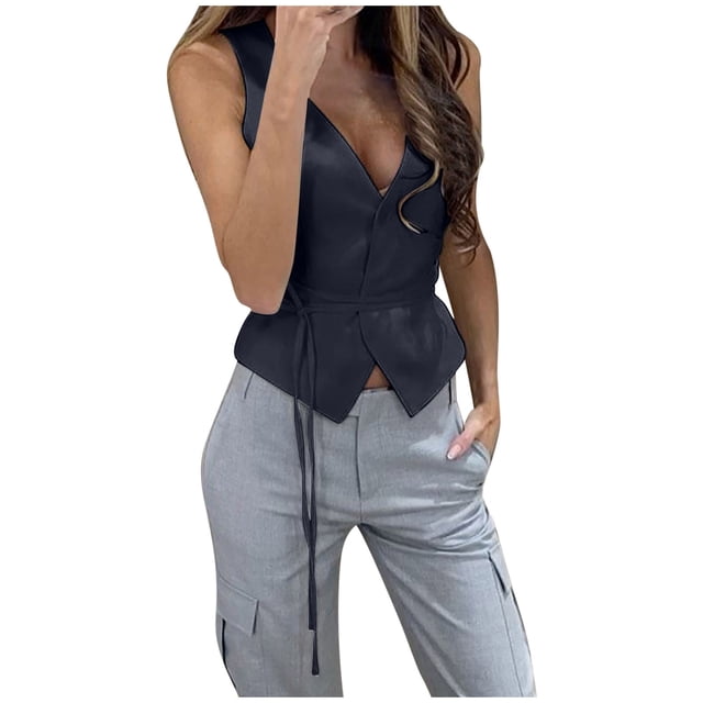 Yuyuzo Blazer Sans Manches pour Femmes, Décontracté, Col en V Profond, Coupe Ample