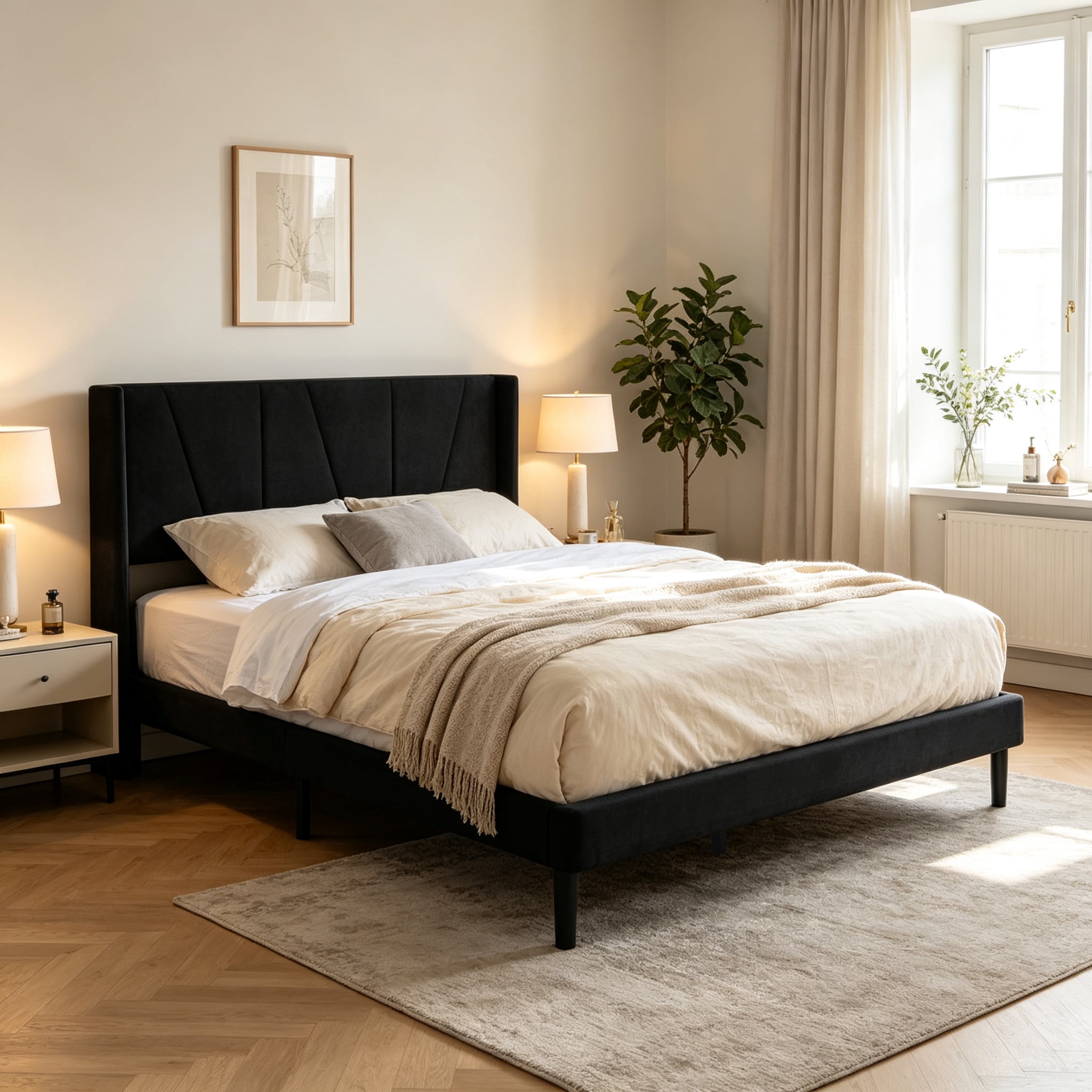 Gewnee Queen Size Bed Frame,Velvet Upholstery Platform Bed with Headboard,No Box Spring Needed,Black