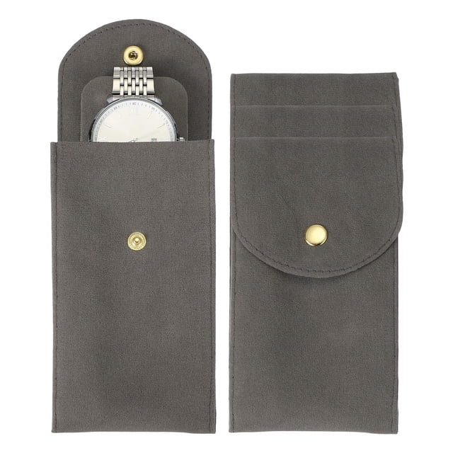 Uxcell 4 Pcs Bolsa de Reloj de Terciopelo, Funda de Viaje para Reloj Portátil, Bolsa de Almacenamiento Suave con Botón a Presión y Almohadilla Interior para Regalos de Hombres y Mujeres, Gris Oscuro