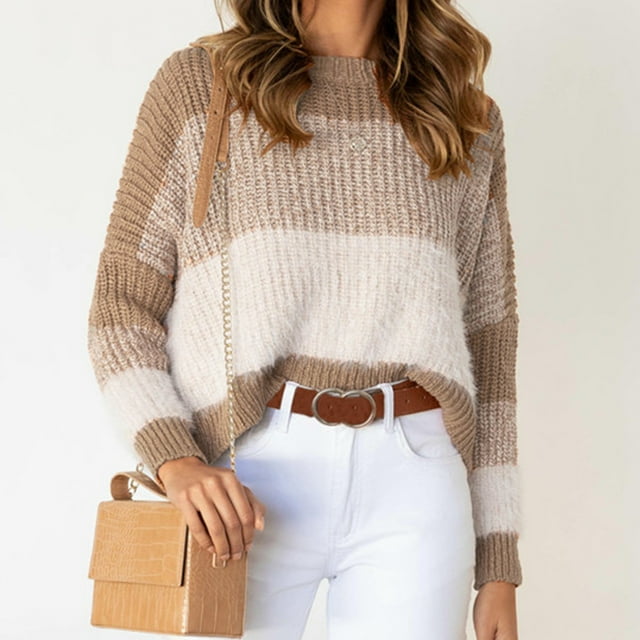 Ruimatai Chandail Décontracté pour Femme à Couleur Unie avec Empiècements, Col Rond, Manches Longues, Haut Blouse