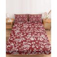thumbnail image 2 of Cal.King Size Fitted Sheet Set - Botanical Rose Bud 3 Piece Bedding Sets 16" Deep Pocket Fitted Sheet with 2 Pillowcases, Vintage Burgundy Floral Leaves Farmhouse Brushed Microfiber Hotel Bed Sheets, 2 of 9