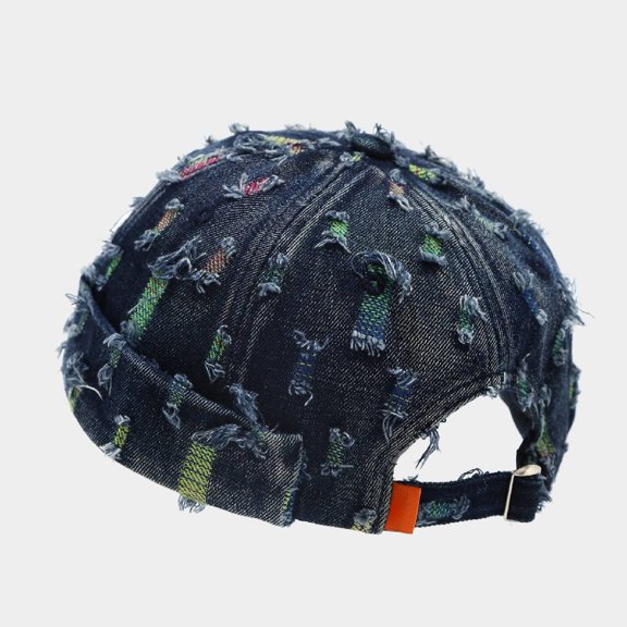 Unisex Distressed Denim Docker Cap,Ripped Fringe Brimless Skullcap,Adjustable Retro Streetwear Beanie Hat for Men Women Daily Outdoor Hip‑Hop Wear Dark Blue