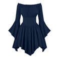 thumbnail image 3 of Women Above Knee Dress Long Flared Sleeve Off Shoulder Strapless Solid Color Smocked Waist Dress(NavyS), 3 of 6