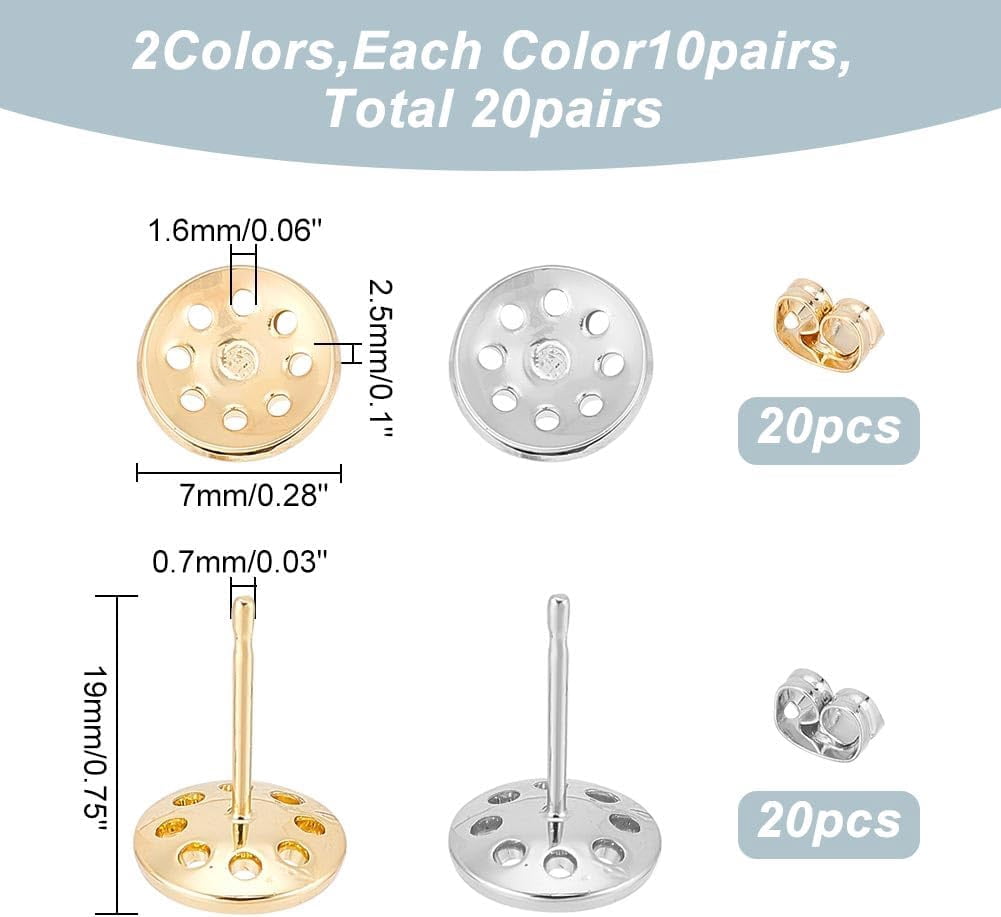 20 Pairs 2 Colors Earrings Posts Sieve Flat Round Earring Pin Studs with Butterfly Earring Backs for DIY Earring Making Supplies Platinum/Golden Brass