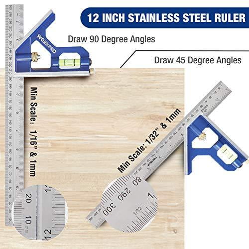 WORKPRO Rafter Square and Combination Square Tool Set, 7 Inch Aluminum Alloy Die-casting Carpenter Square and 12 Inch Zinc-alloy Square Ruler Combo WORKPRO Rafter Square and Combination Square Tool Set, 7 Inch Aluminum Alloy Die-casting Carpenter Square and 12 Inch Zinc-alloy Square Ruler Combo