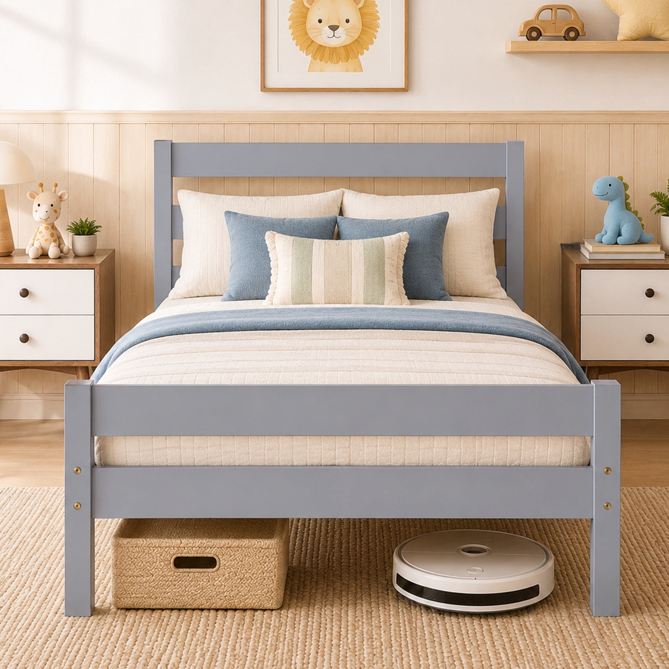 SESSLIFE Twin Bed Frame, Solid Wood Twin Platform Bed Frame with Headboard & Footboard, No Box Spring Needed with 250LBS, Easy Assembly, Grey