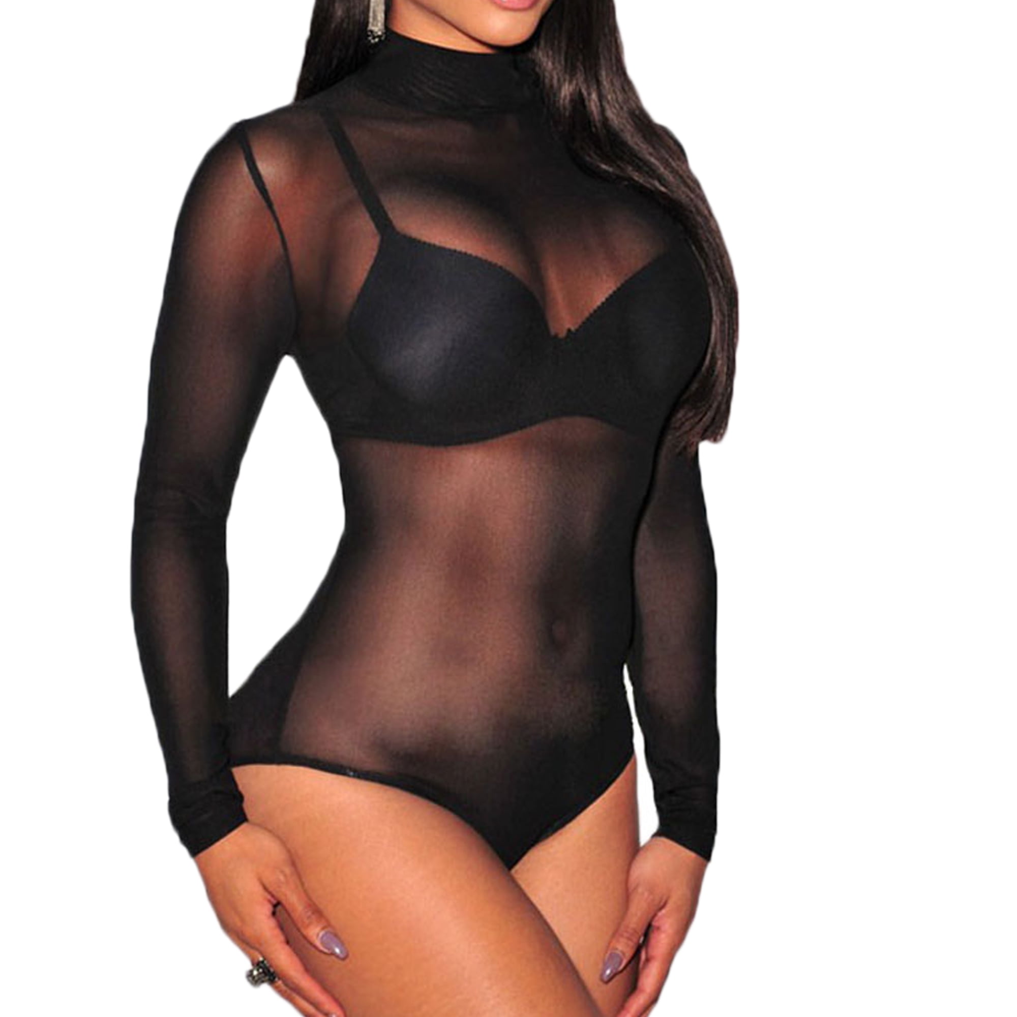 Womens Neck Sheer Mesh Bodysuit Ladies Long Sleeve Leotard Top - Walmart.com