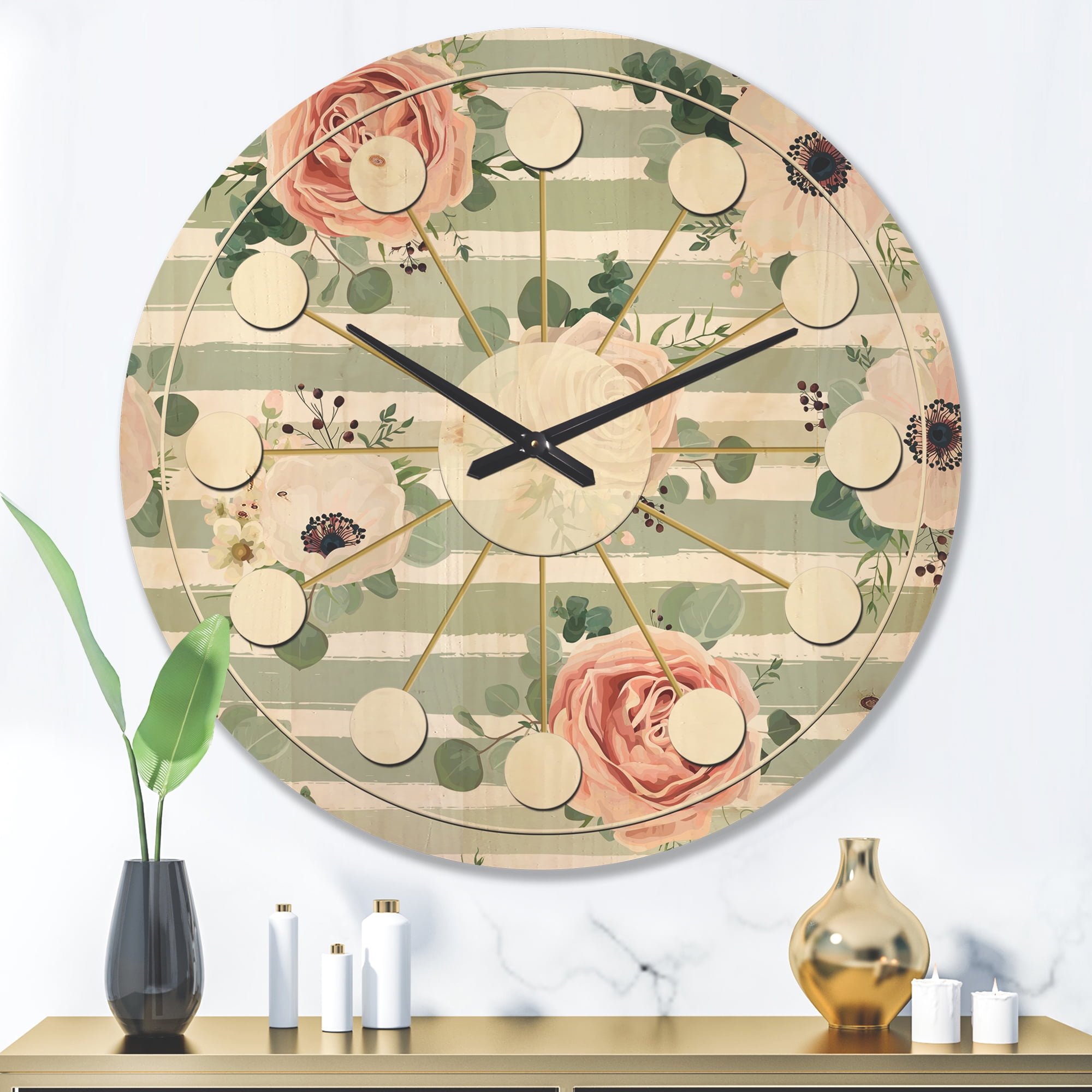 Designart 'Retro Pattern Over Floral III' Mid-Century Modern Wood Wall Clock