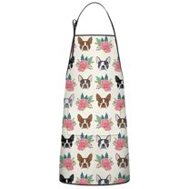 White Boston Terrier and Flower Apron-Garden Aprons for Women with Pockets-Cotton Linen Waterproof Kitchen Cooking Gardening Aprons Adjustable for Kitchen,Cooking,BBQ and Salon 33x27 Inch