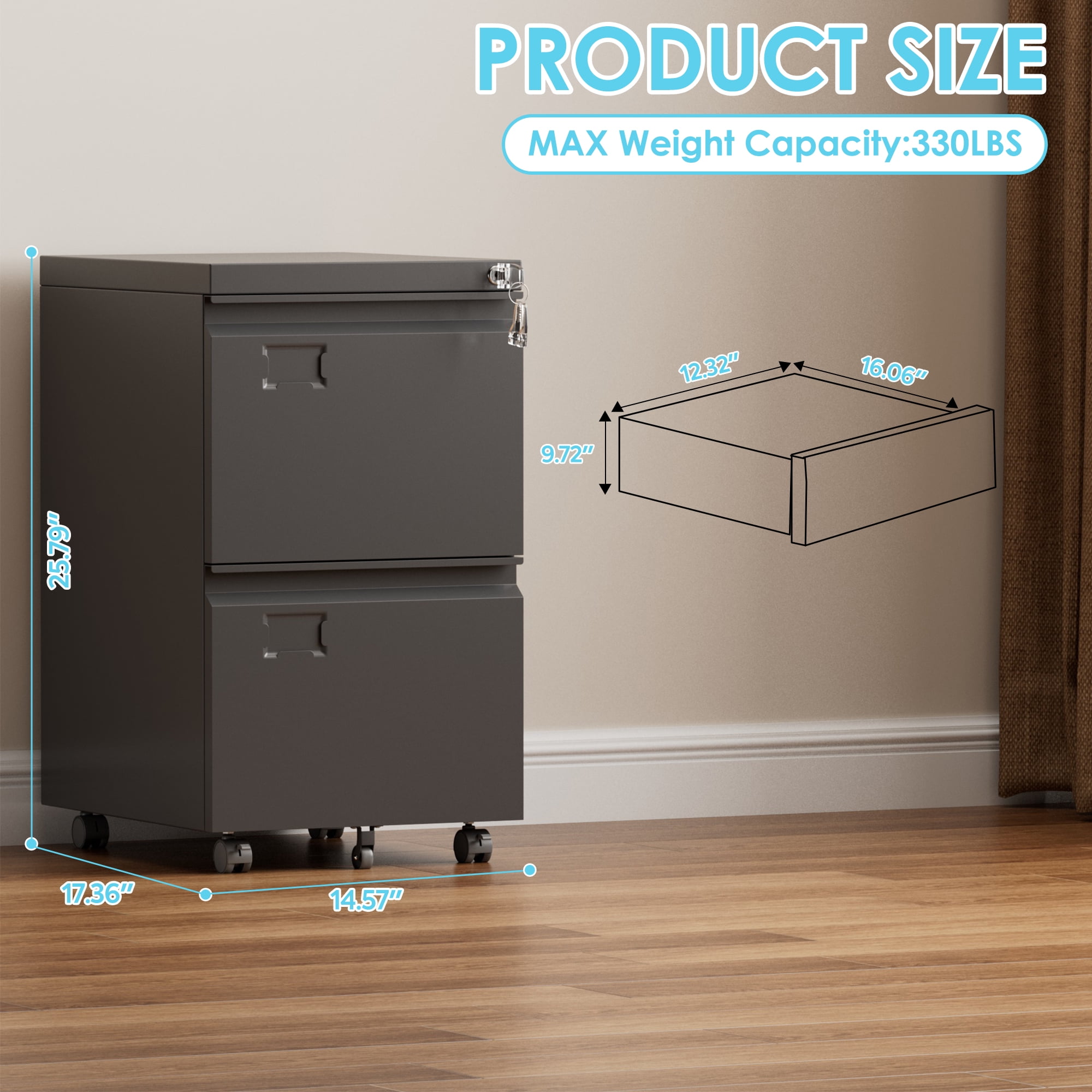 HUAXRON 2 Drawer Black Mobile File Cabinets with Lock, Under Desk Metal Movable Office Filing Cabinet, One  Pack, Assembly Required (Black)