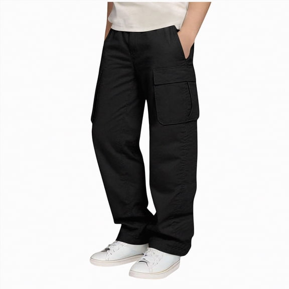 Kogui Toddler Pants Boys Casual Cargo Pants Elastic Waist Straight Wide Leg Trousers 4T 5T (Black,4-5 Years)