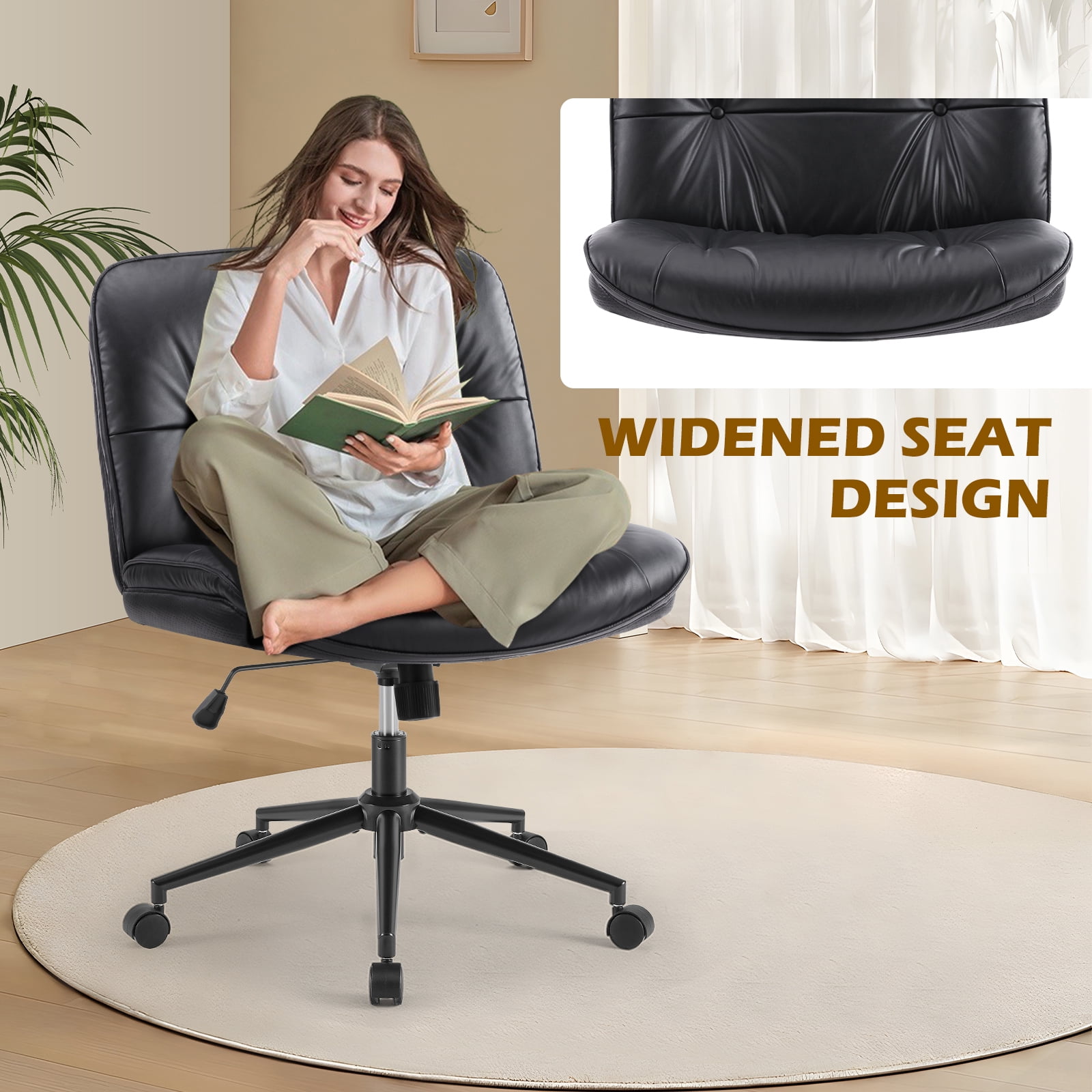 GIANNA Comfy PU Leather Criss Cross Office Chair, Durable and Ergonomic Modern Vanity Chair for Home Office and Study, With Wheels, Black