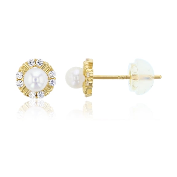 Decadence 14K Yellow Gold 3mm Fresh Water Pearl & Cubic Zirconia Flower Stud Earring