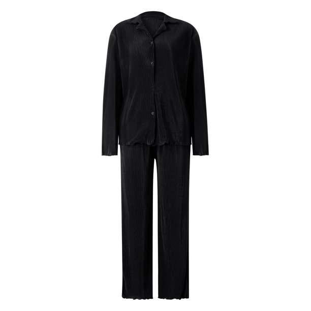 Pijama De Traje De 2 Piezas Para Mujer Tops Con Botones De Color SóLido + Pantalones De Cintura EláStica XBTCLXEBCO División Negra;S