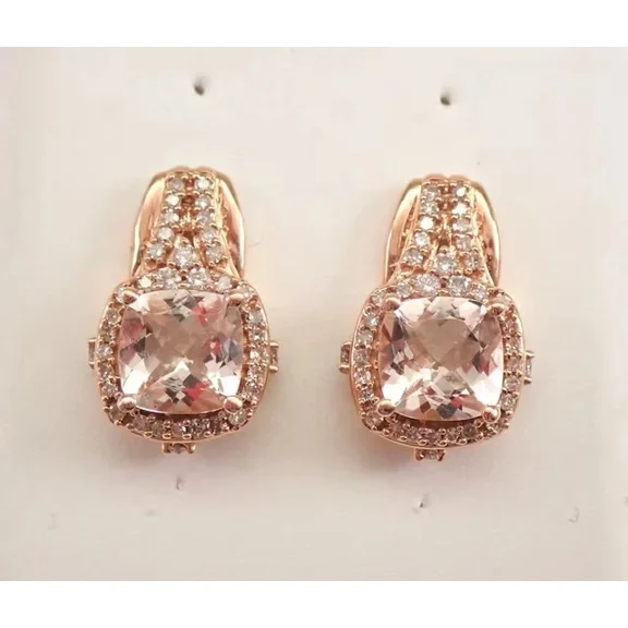 3Ct Cushion Cut Simulated Morganite Halo Stud Earrings 14K Rose Gold Plated Silver