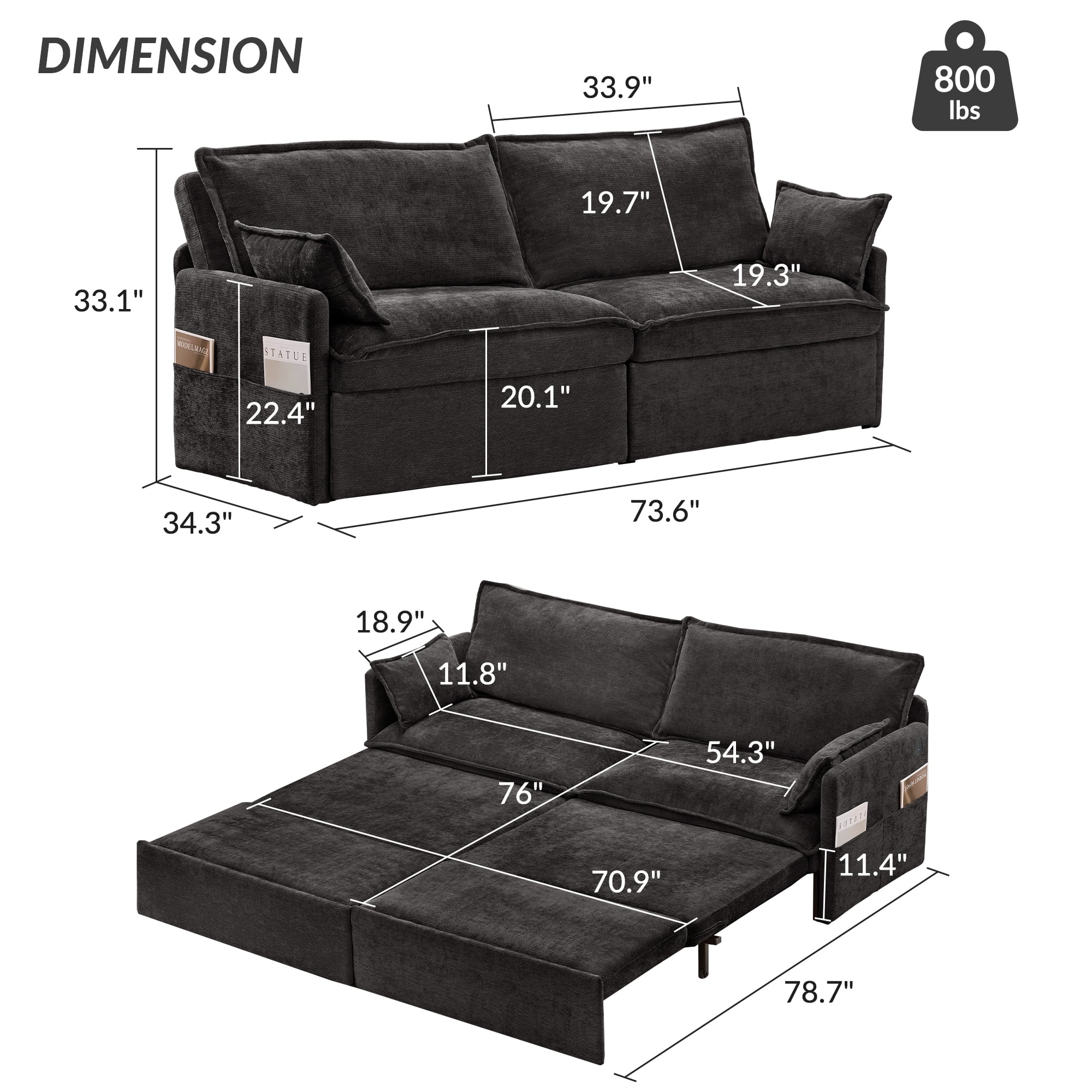 73.6'' Pull Out Sofa Bed, 3 in 1 Convertible Sleeper Loveseat Sofa, Pull Out Couch with USB Charging, Side Pockets for Living Room, Apartment, Small Spaces (Chenille, Black)